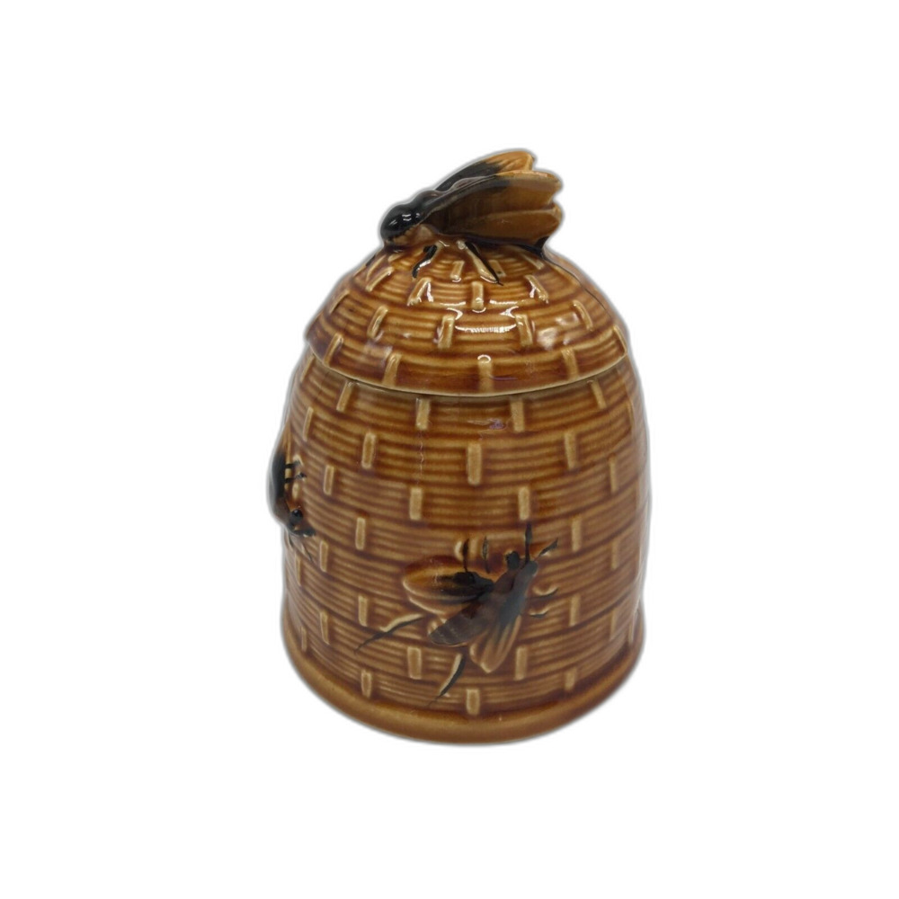 Vintage Honey Jelly Pot Covered Honeybees Basket Hive Crazing MidCentury Kitchy